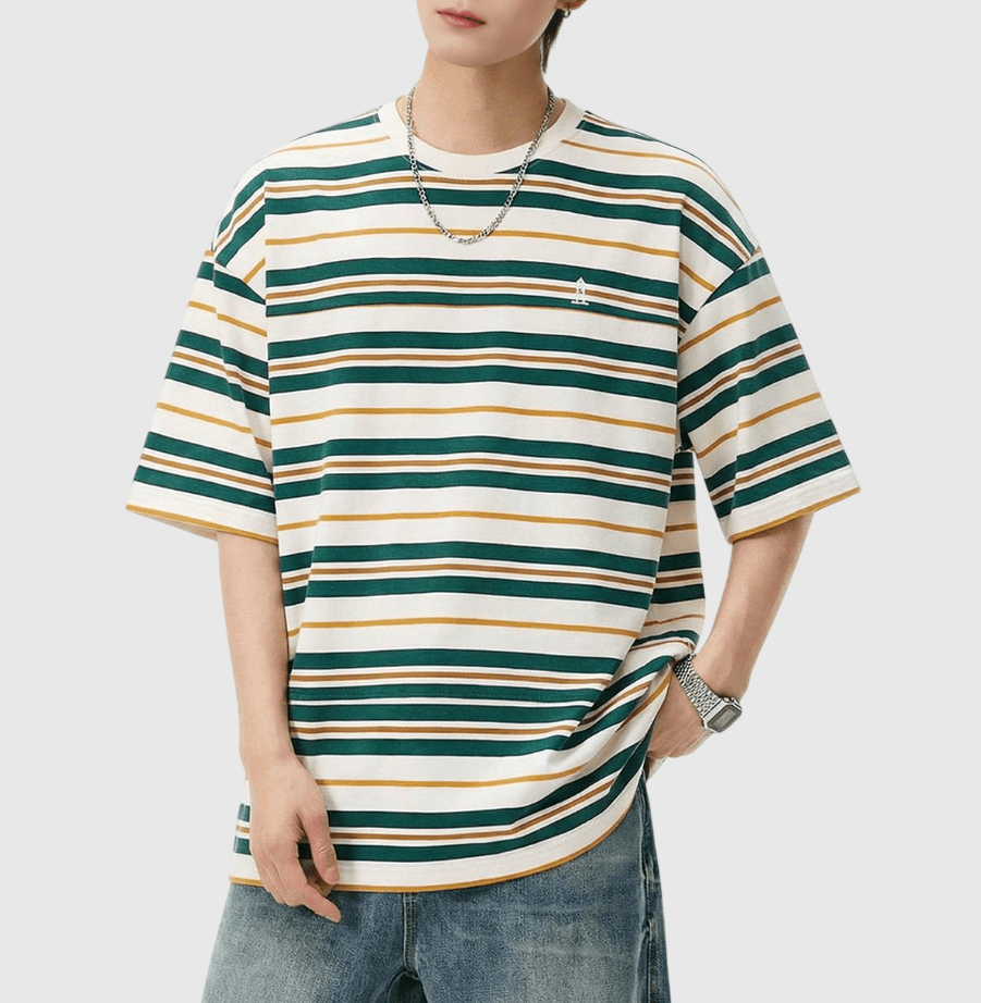 復古撞多色條紋燈塔小刺繡 純棉短袖 T-Shirt [SBT-1151]