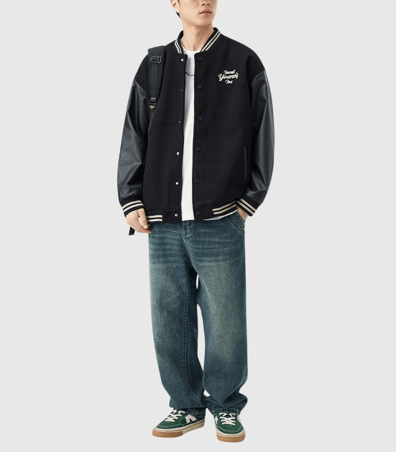 日系文字刺繡手袖拼布 棒球外套 [SBO-1310]