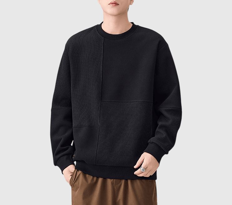 復古車縫色塊紋理拼布 圓領長袖衛衣 [SBH-1343]