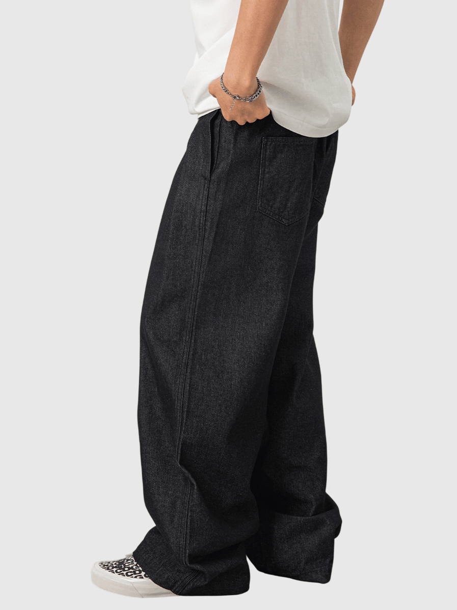 日系縫線刺繡層次褶皺設計 闊腳直筒原色牛仔長褲 [SBP-1196]