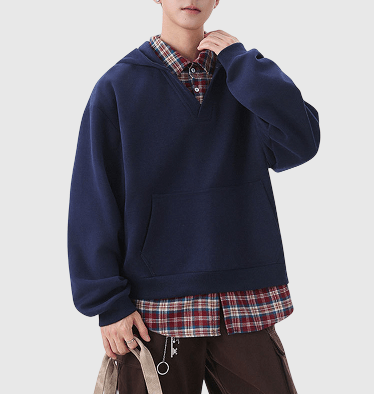 假兩件式格仔恤衫拼接 重磅連帽衛衣 [CBH-1023]