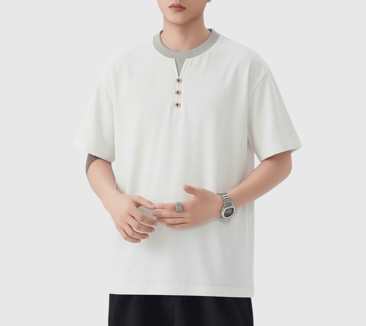 復古色系層次假兩件式鈕扣設計 短袖 T-Shirt [SBT-1569]