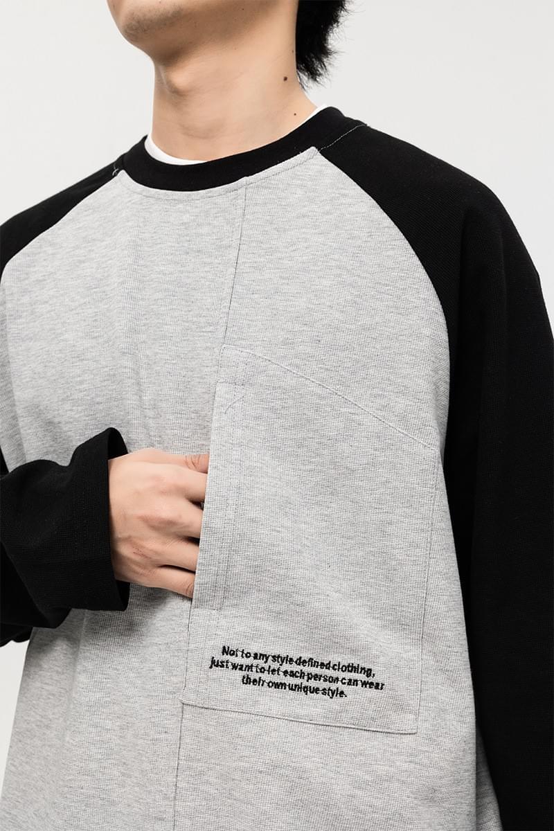 復古撞色牛角袖細文字刺繡 長袖 T-Shirt [CBT-1232]