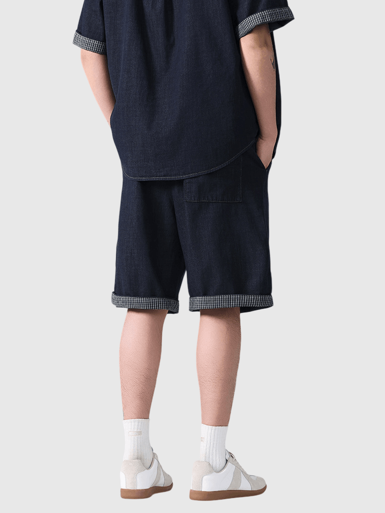 日系褲腳格紋縫紉設計 牛仔短褲 [SBST-1164]