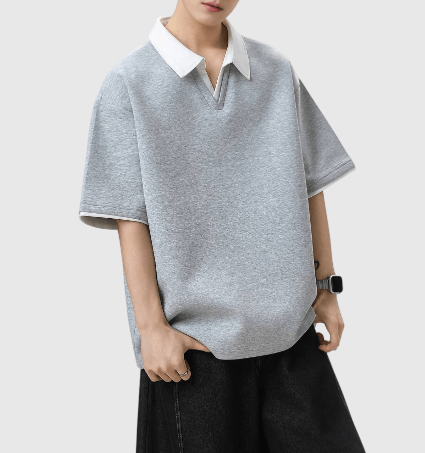 日系假兩件式縫線撞色 V 領設計 短袖 POLO T-Shirt [SBT-1503]