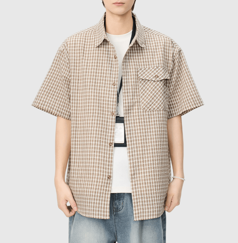 日系基礎細格仔色織工藝 透氣短袖恤衫 [SBS-1402]