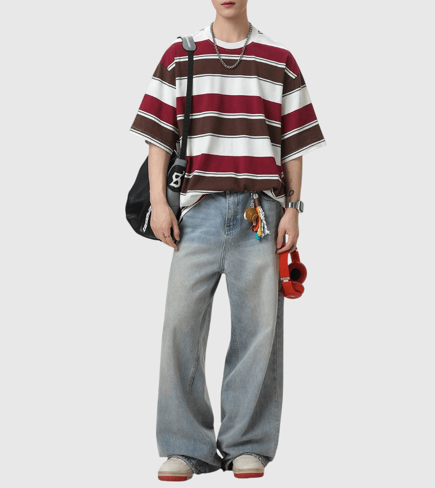 色系撞色橫間闊條紋設計 短袖 T-Shirt [SBT-1513]