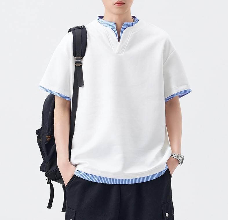 日系層次假兩件式恤衫縫紉拼接 短袖 T-Shirt [SBT-1446]