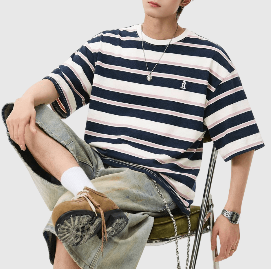 復古撞多色條紋燈塔小刺繡 純棉短袖 T-Shirt [SBT-1151]