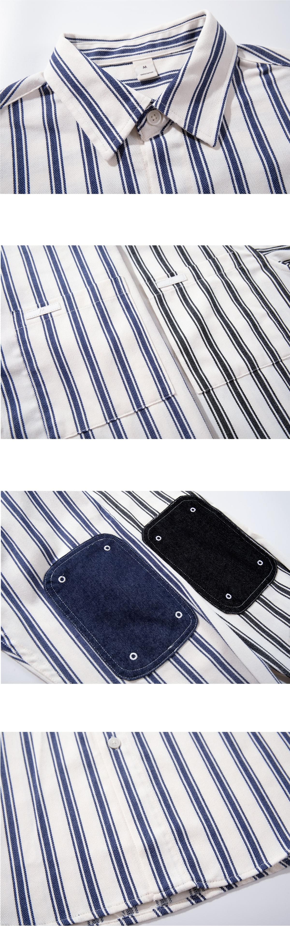 日系手袖牛仔布縫紉條紋色織 長袖恤衫 [SBS-1389]