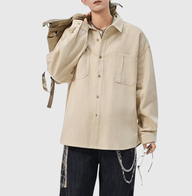 日系輕復古雙設計前袋縫紉 純棉長袖恤衫 [SBS-1207]