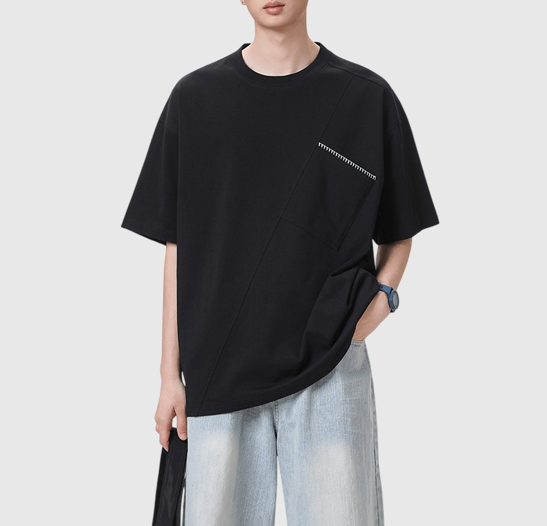 斜前袋手工縫線設計 純棉短袖 T-Shirt [SBT-1574]