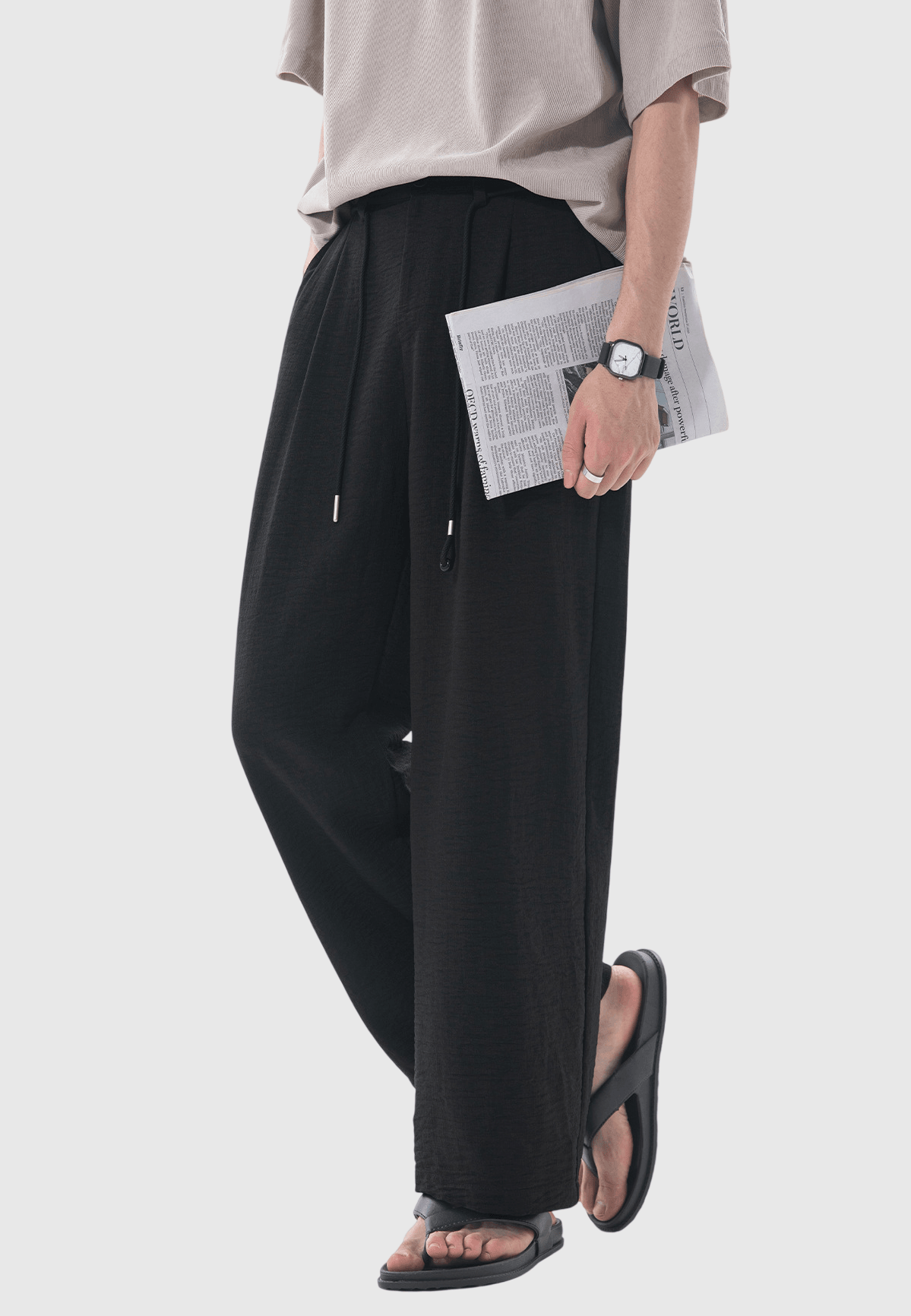 日系外編織鬆緊腰繩設計 麻質闊腿直筒垂感長褲 [SBP-1201]