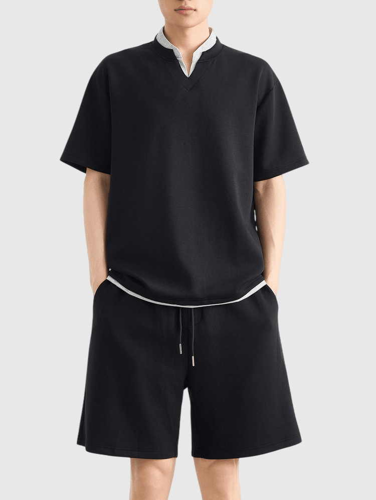 假式兩件結構恤衫條紋拼接 短袖 T-Shirt + 棉衛短褲 兩件套裝 [CBT-1574]