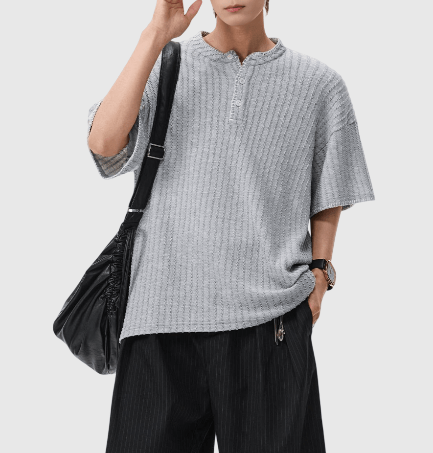 日系領口撞色手工縫線設計 半開領鈕扣短袖 T-Shirt [SBT-1481]