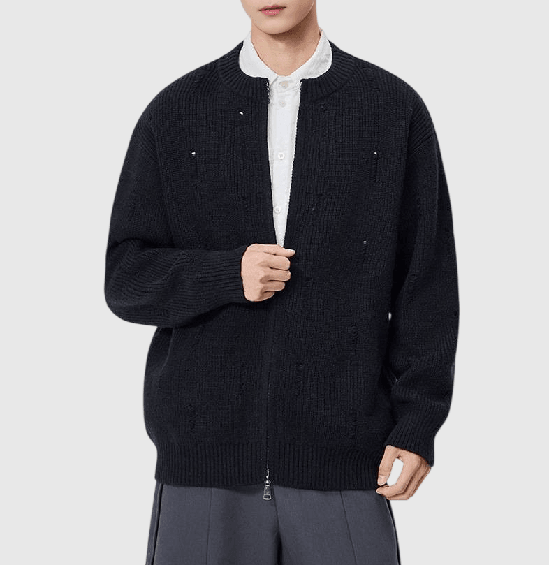 日系不規則破洞 針織圓領開胸外套 [SBO-1503]