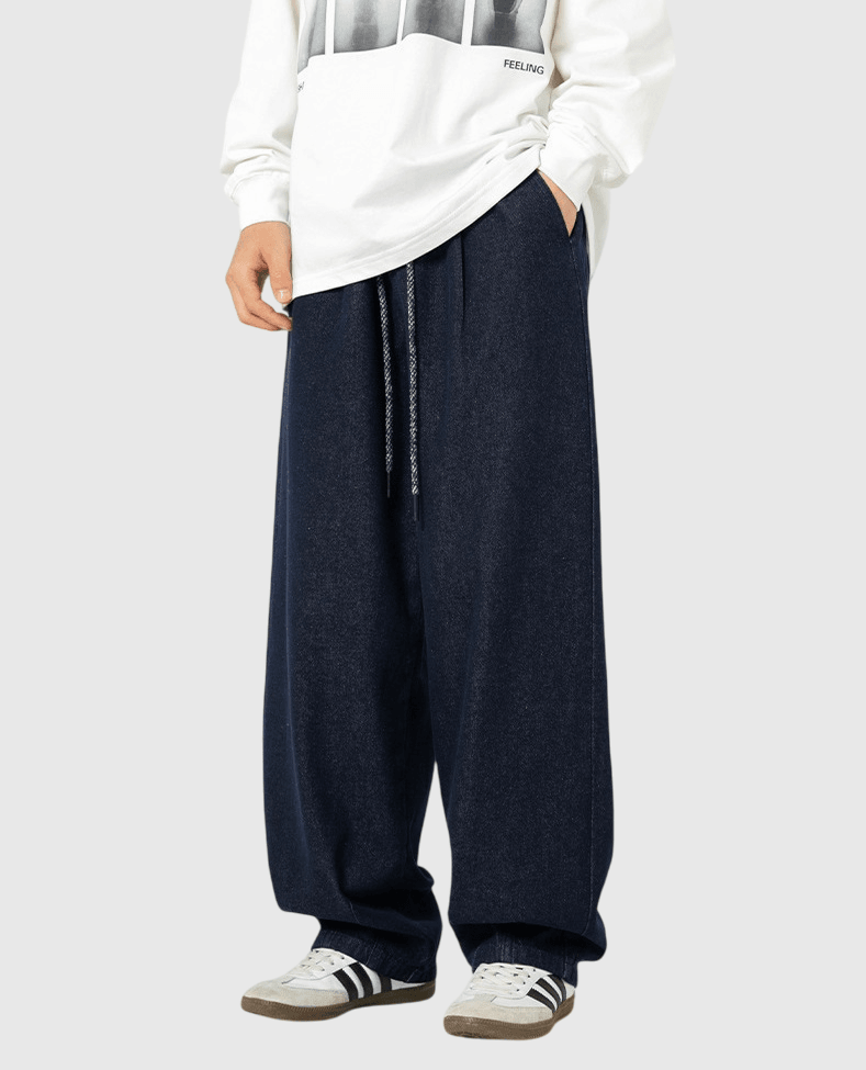 日系簡約拼色鬆緊繩設計 垂感闊腳水洗牛仔褲 [SBP-1139]