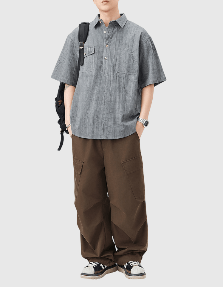 復古雙設計前袋 麻質透氣短袖 T-Shirt [SBT-1450]