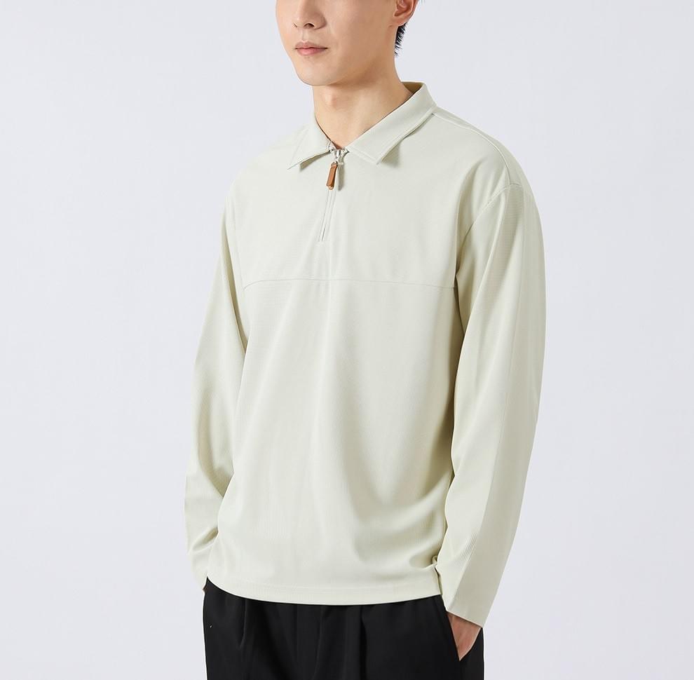 皮革撞色半拉鍊  重磅肌理紋理長袖 POLO T-Shirt [CBT-1119]
