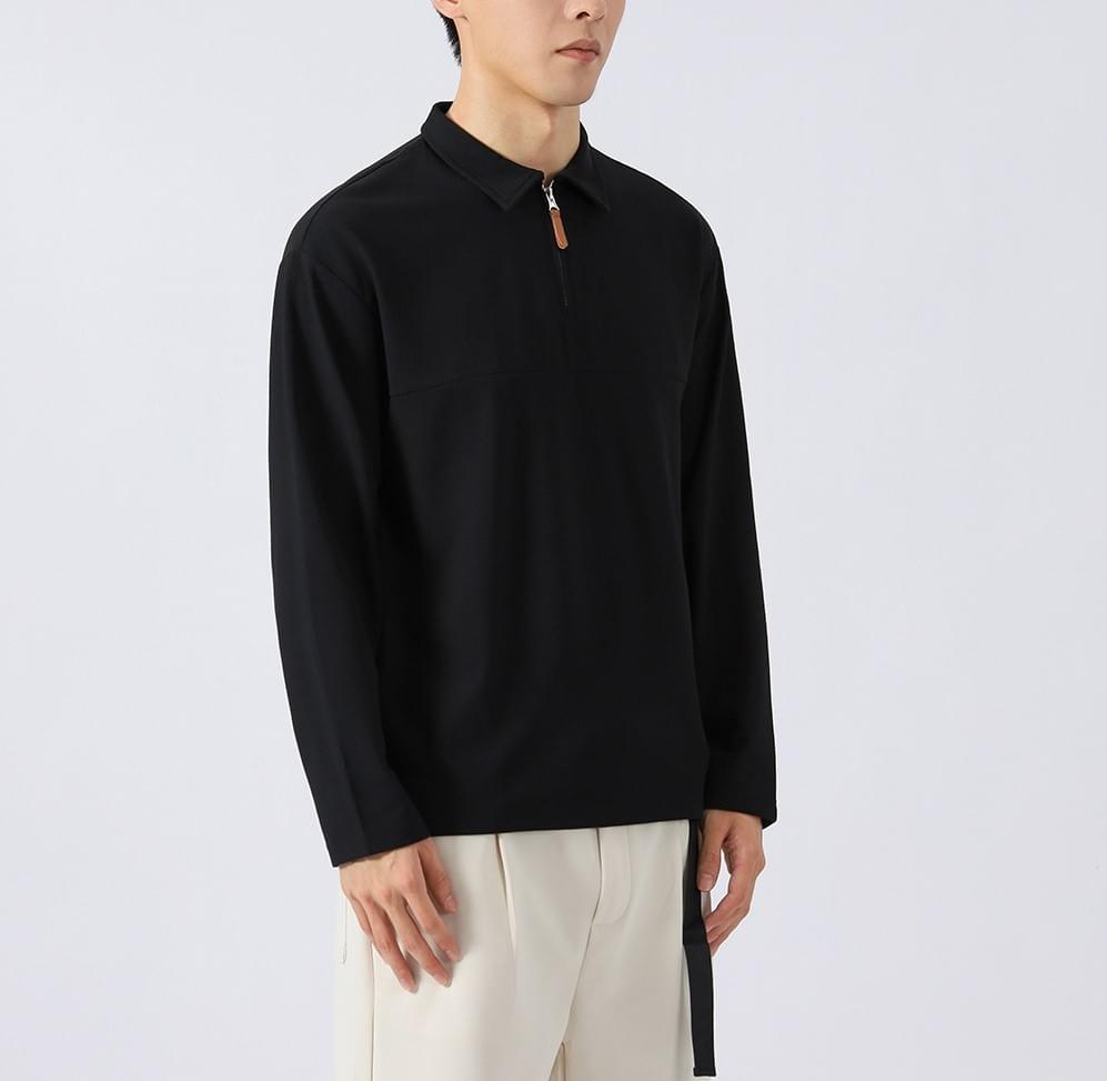 皮革撞色半拉鍊  重磅肌理紋理長袖 POLO T-Shirt [CBT-1119]