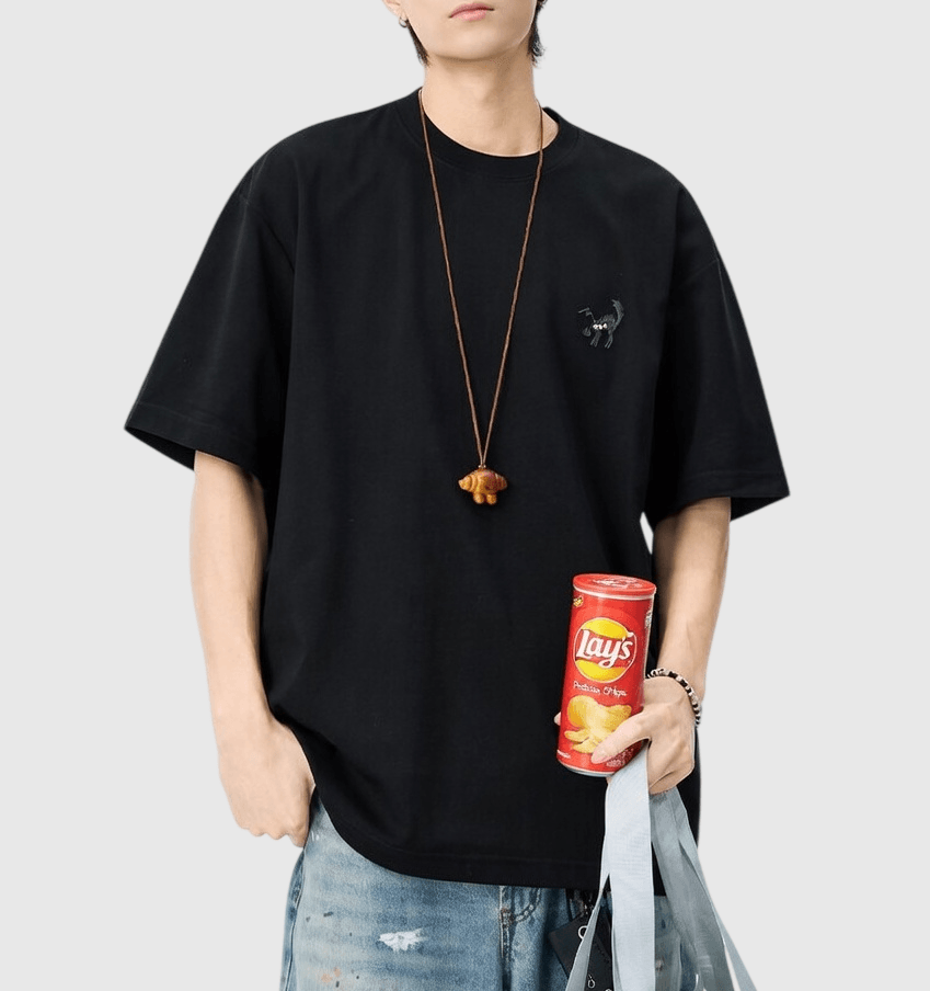 卡通貓仔細圖案刺繡 短袖 T-Shirt [SBT-1506]