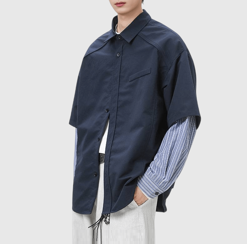 日系假兩件式恤衫手袖縫紉拼接 長袖恤衫 [SBS-1379]