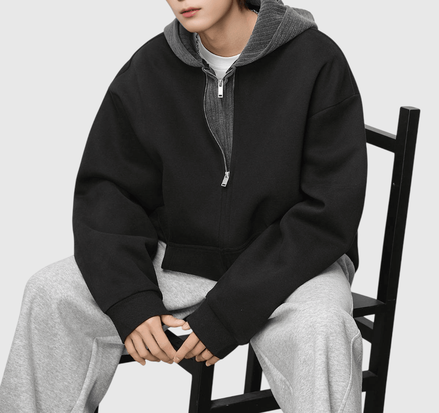 日系雙布料撞色層次假兩件式 長袖衛衣外套 [SBO-1495]