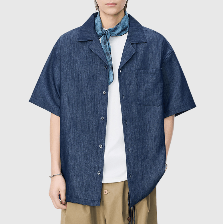 日系基礎微皺紋理 透氣垂感牛仔短袖恤衫 [SBS-1395]