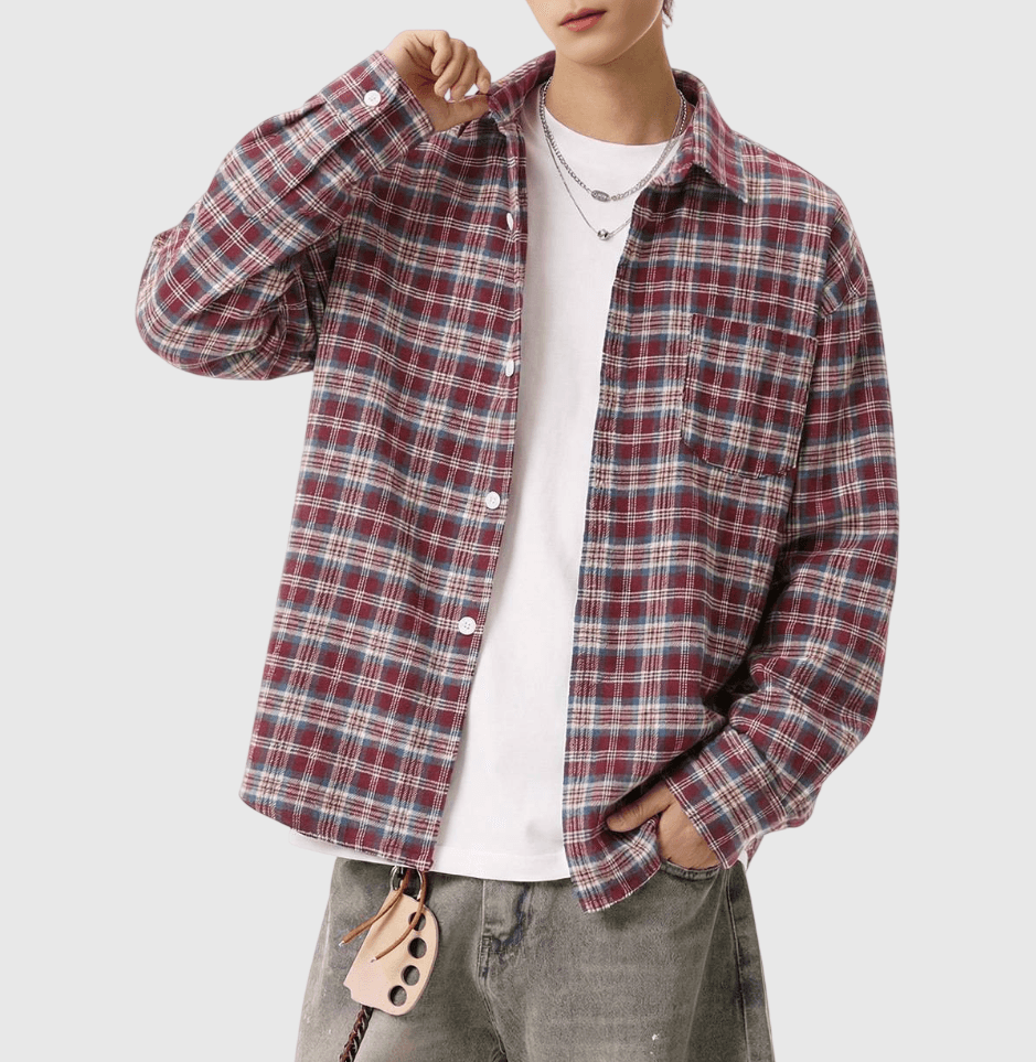 復古基礎色系撞色格仔紋理工藝 長袖恤衫 [SBS-1376]