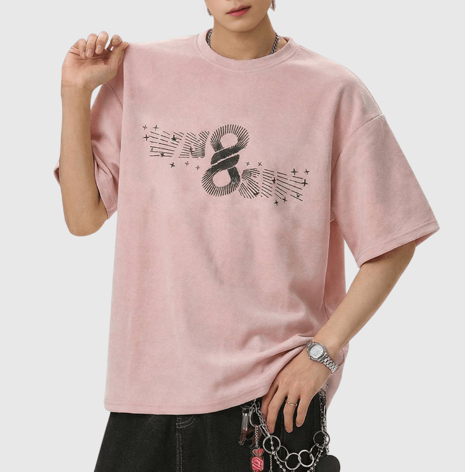 復古放射射線文字圖案印燙 絨面皮布短袖 T-Shirt [SBT-1487]