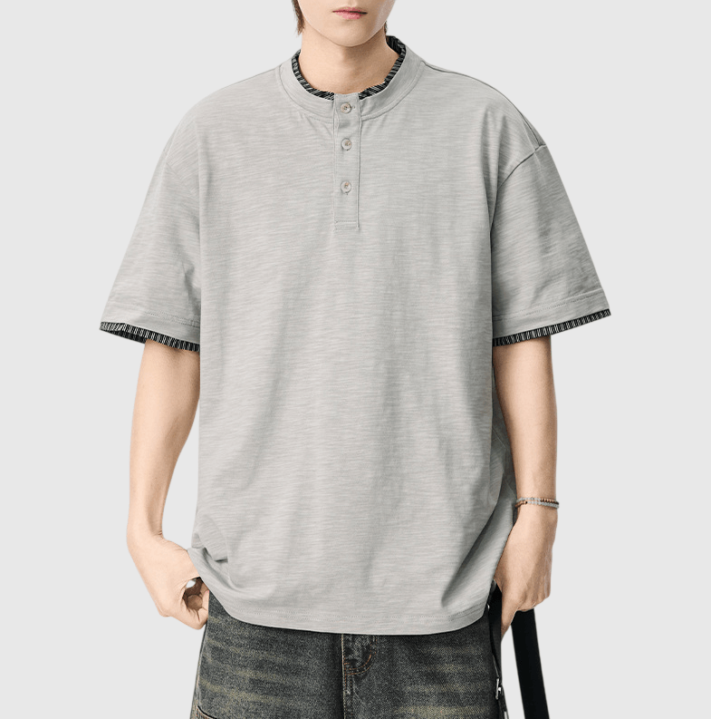 日系假兩件式條紋縫紉 亨利領純棉短袖 T-Shirt [SBT-1508]