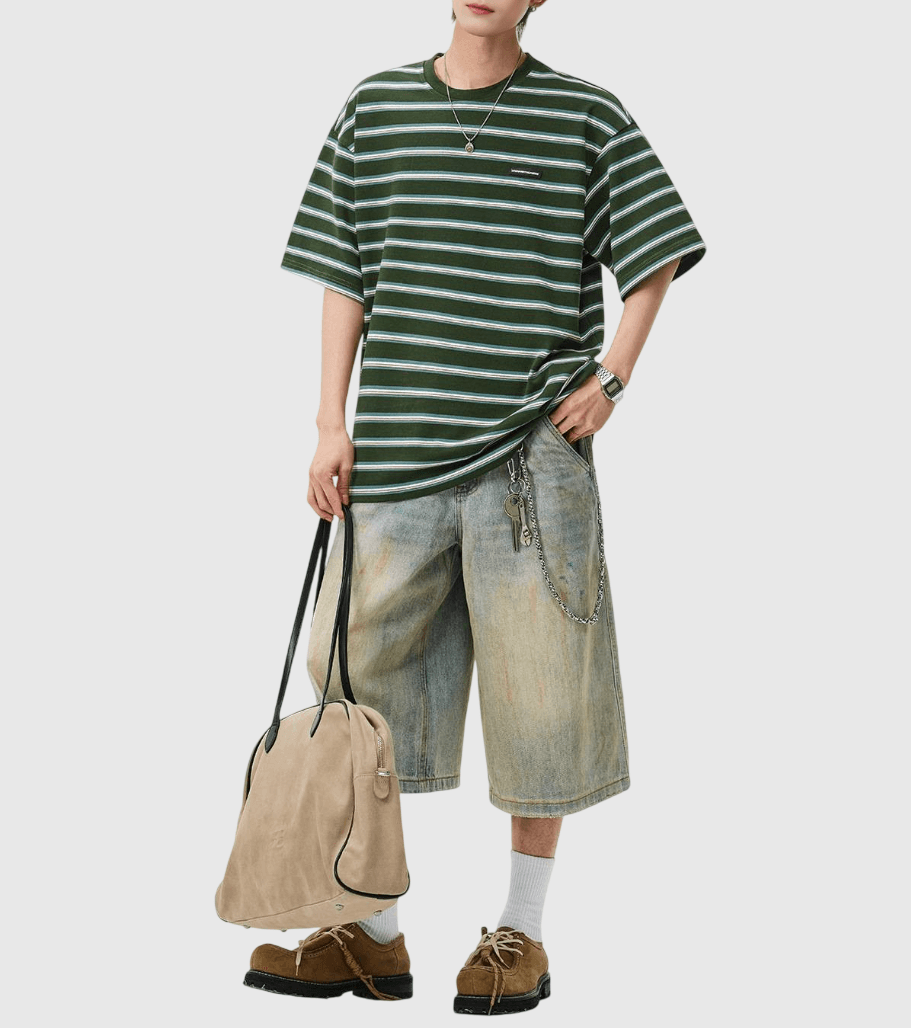 復古層次撞色橫間條紋 短袖 T-Shirt [SBT-1475]