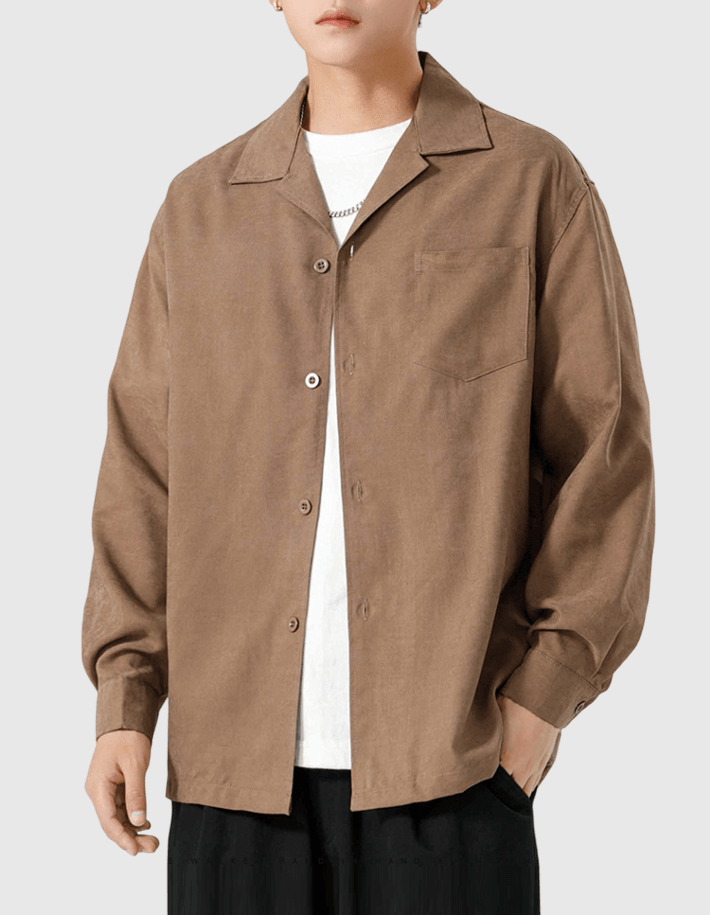 復古基礎大領口前袋設計 透氣垂感長袖恤衫 [SBS-1373]