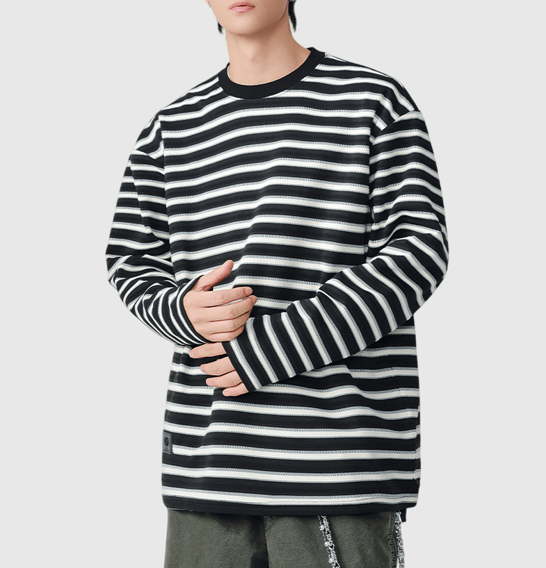 復古橫間條紋撞色立體編織 長袖 T-Shirt [SBT-1455]