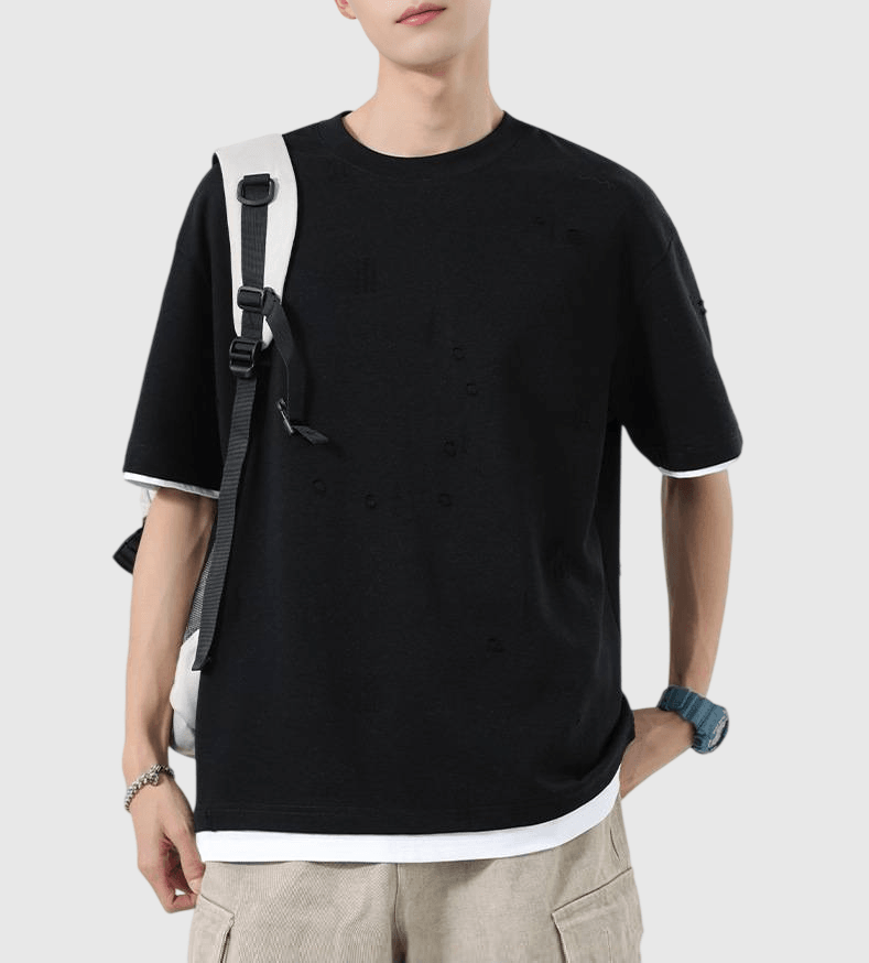 復古細破口造舊假兩件式設計 短袖 T-Shirt [SBT-1494]