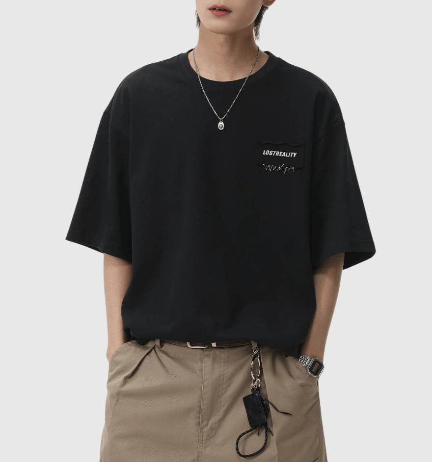 日系縫布細文字刺繡設計 純棉短袖 T-Shirt [SBT-1522]