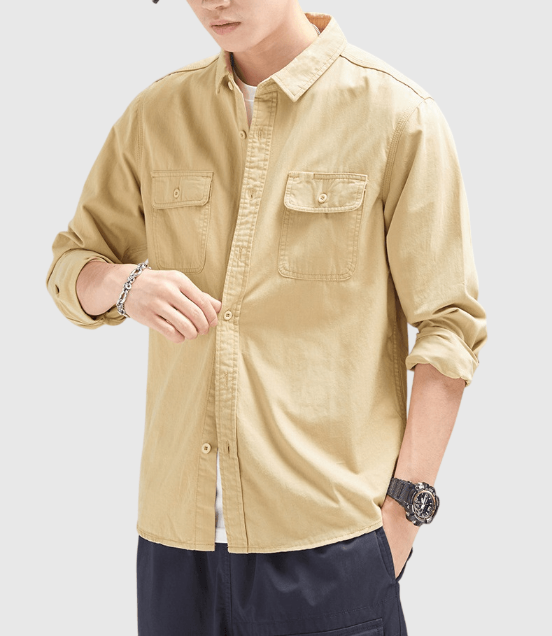 日系經典雙前袋鈕扣工裝 純棉長袖恤衫 [SBS-1074]