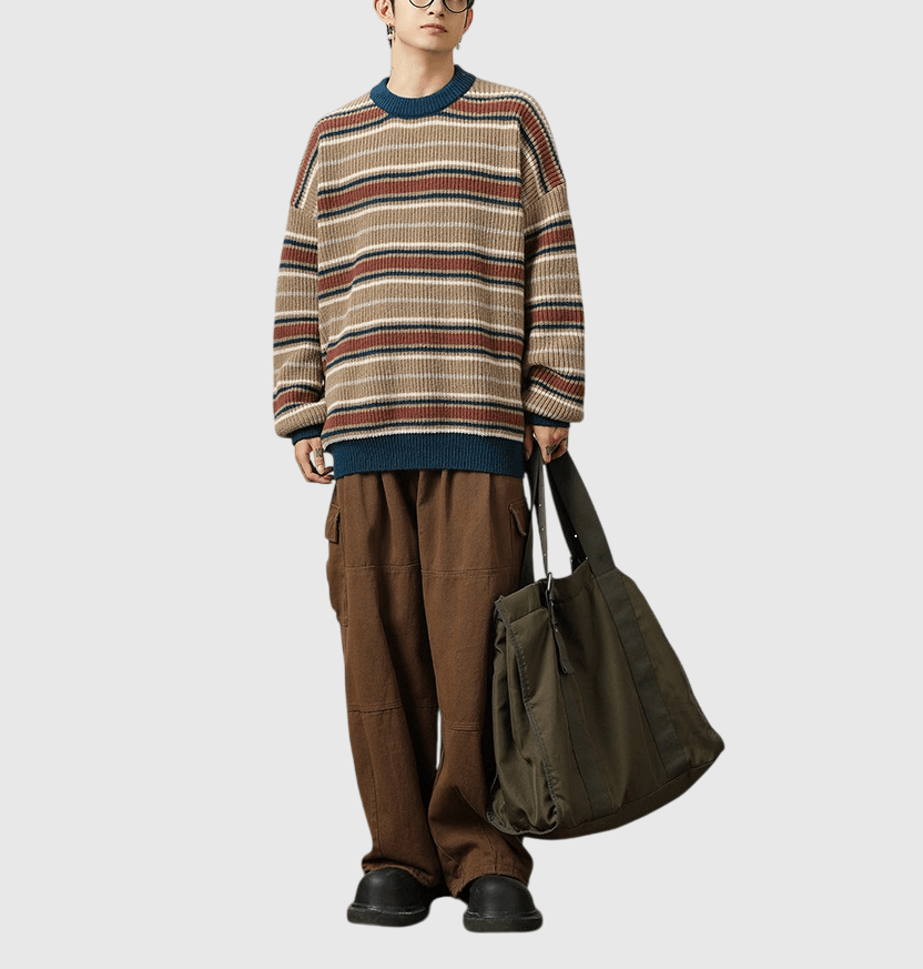 復古撞色條紋粗線針織紋理 重磅圓領毛衣 [SBK-1084]