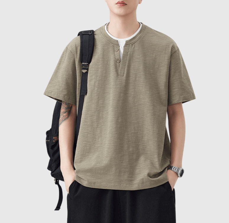 日系基礎層次假兩件式縫紉設計 亨利領純棉短袖 T-Shirt [SBT-1511]