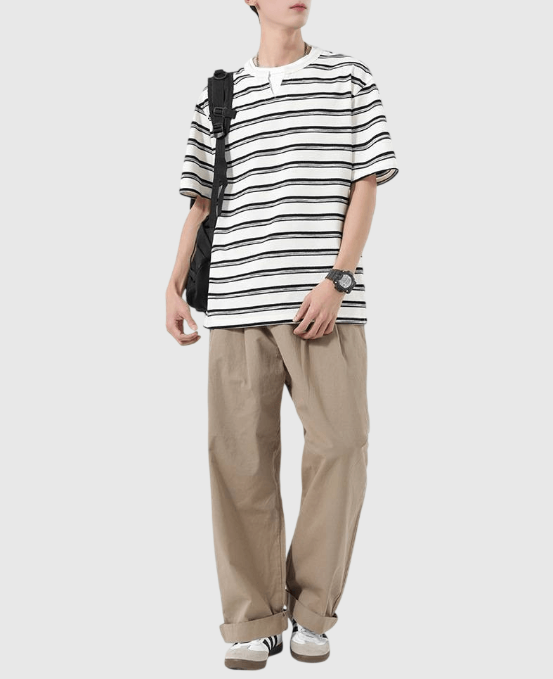 復古層次撞色橫間條紋設計 短袖 T-Shirt [SBT-1495]