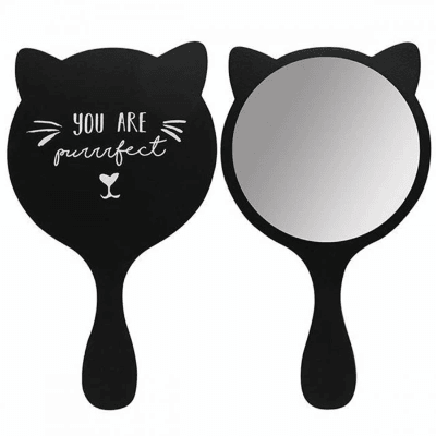 handmirror in black with cat ears and text "You Are Purrfect" on the back