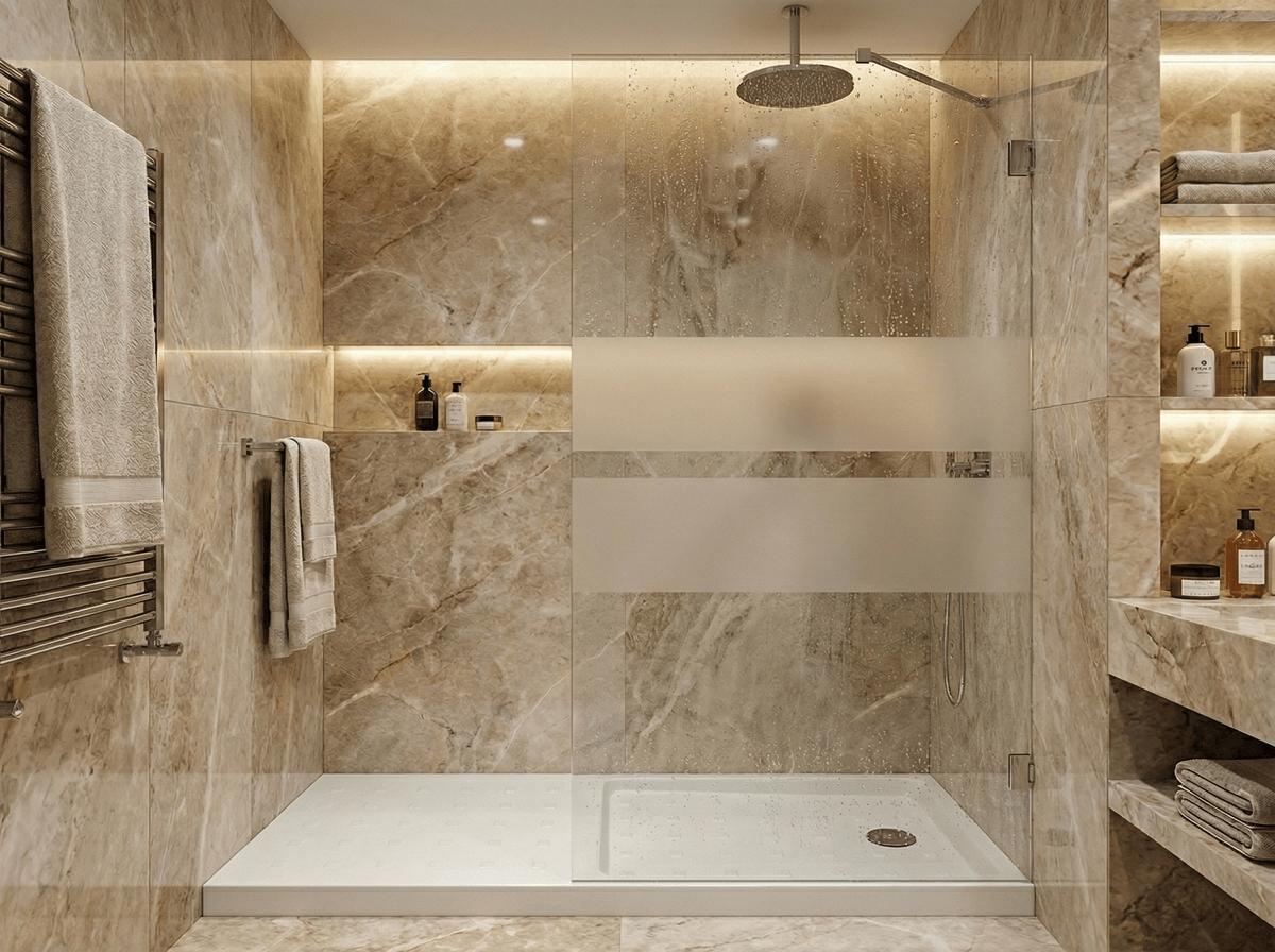 aroi de douche Innovativ en verre trempé (Securit) d'épaisseur 8 mm avec pinces en acier inoxydable chromé - PARD120-2PIB01-2BD