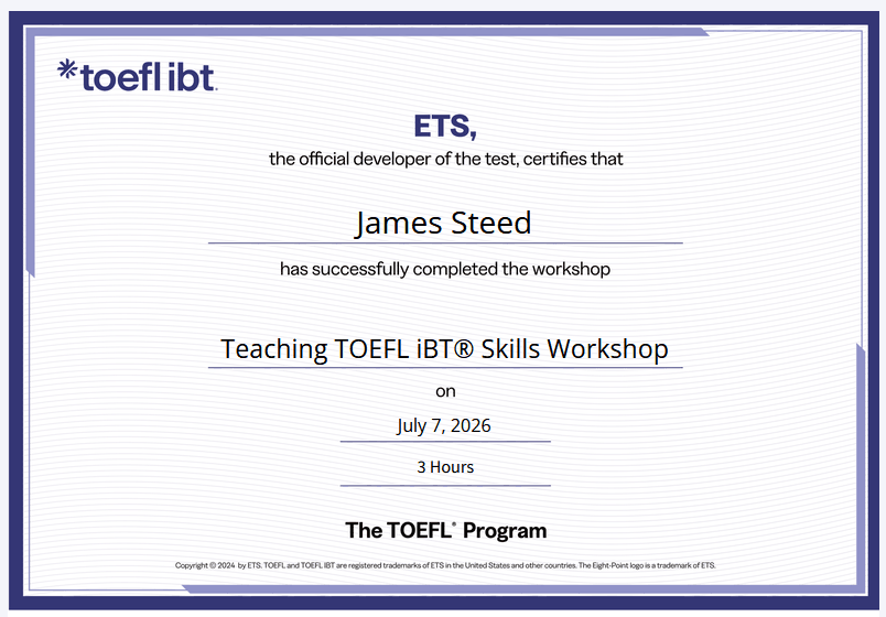 James Steed The TOEFL Whisperer 2026-2027 iBT TOEFL Preparation Kaohsiung, Taiwan