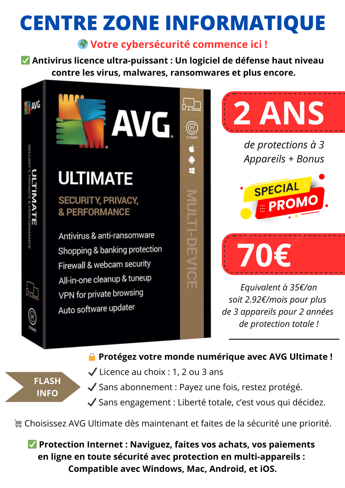 ANTIVIRUS AVG ULTIMATE LICENCE 3 ANNEE DE PROTECTION TOTAL + 5 APPAREILS INCLUS RE