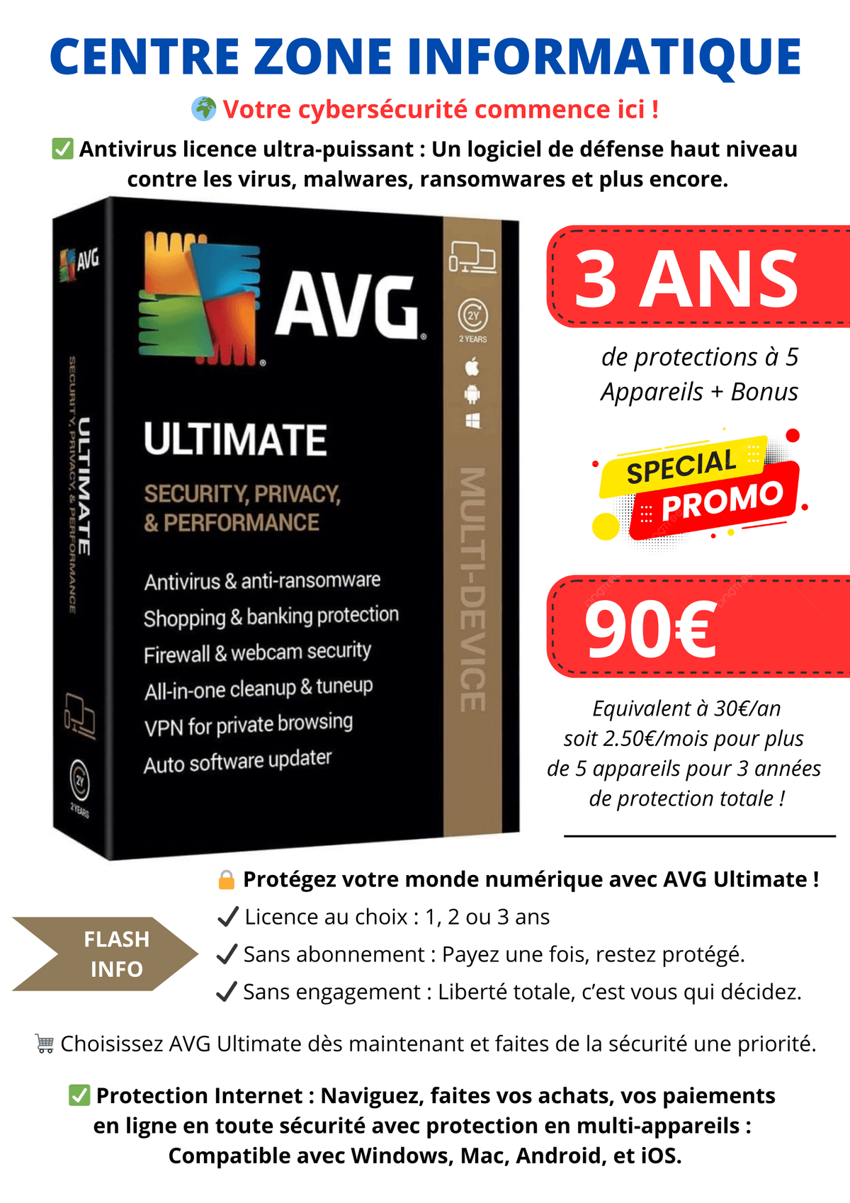 ANTIVIRUS AVG ULTIMATE LICENCE 3 ANNEE DE PROTECTION TOTAL + 5 APPAREILS INCLUS RE