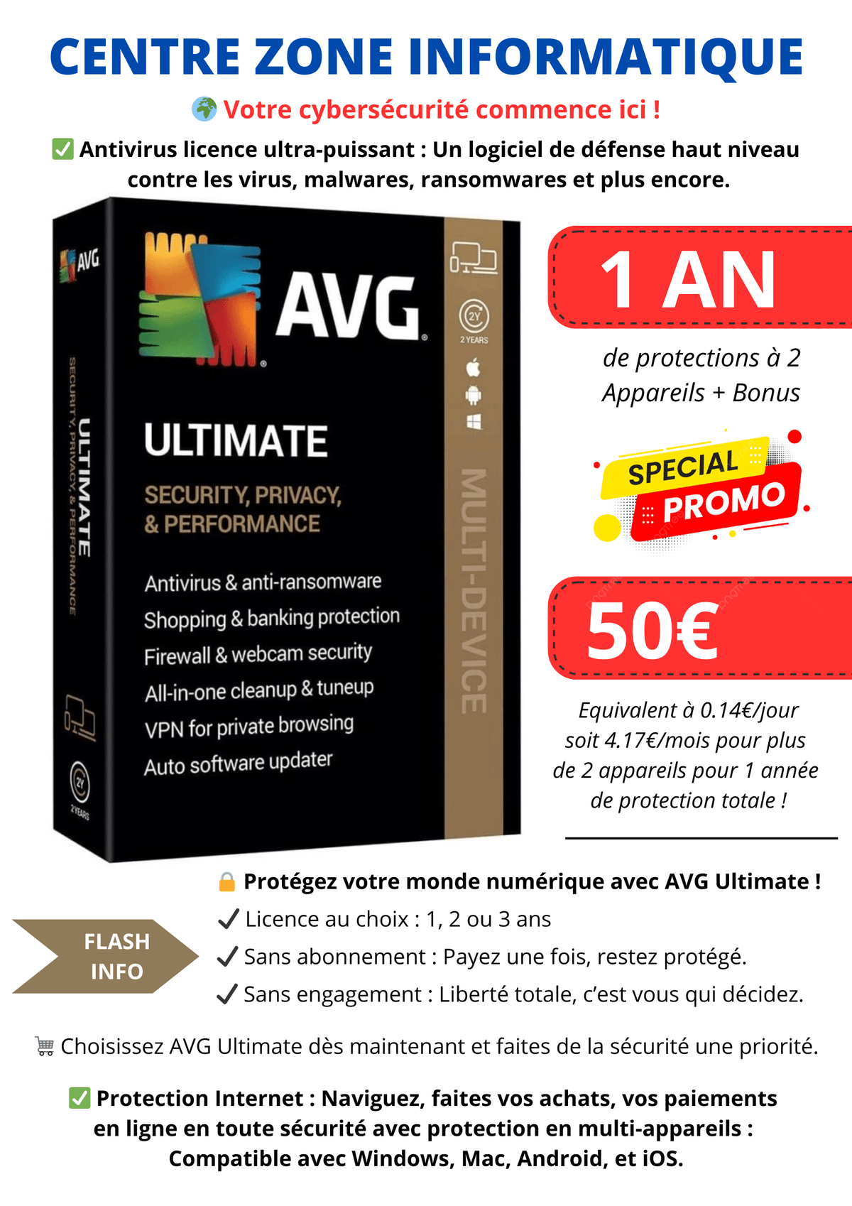ANTIVIRUS AVG ULTIMATE LICENCE 3 ANNEE DE PROTECTION TOTAL + 5 APPAREILS INCLUS RE