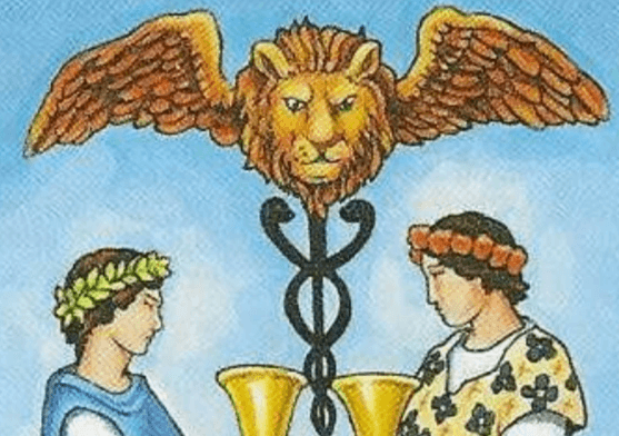 Caduceus imagery of the Rider-Waite-Smith Tarot 2 of Cups