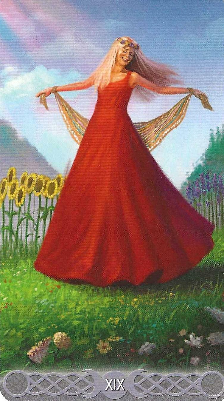 The Triple Goddess Tarot- Key XIX- Dancing in the sun imagery