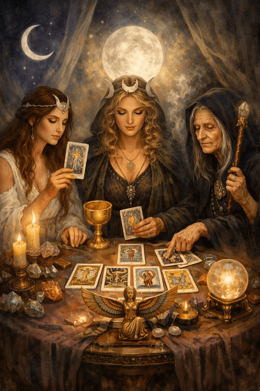 Trinity Goddess reading a Thoth Tarot layout