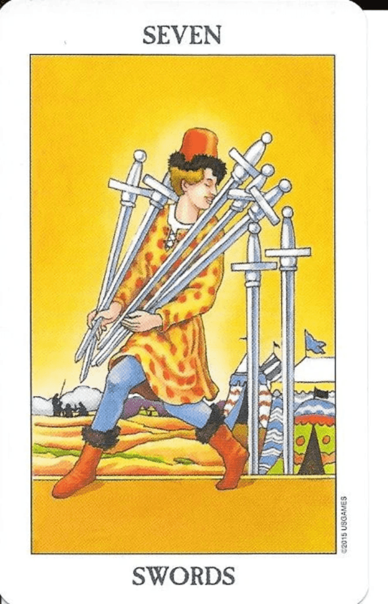 Rider-Waite-Smith 7 of Swords-sneak thief imagery